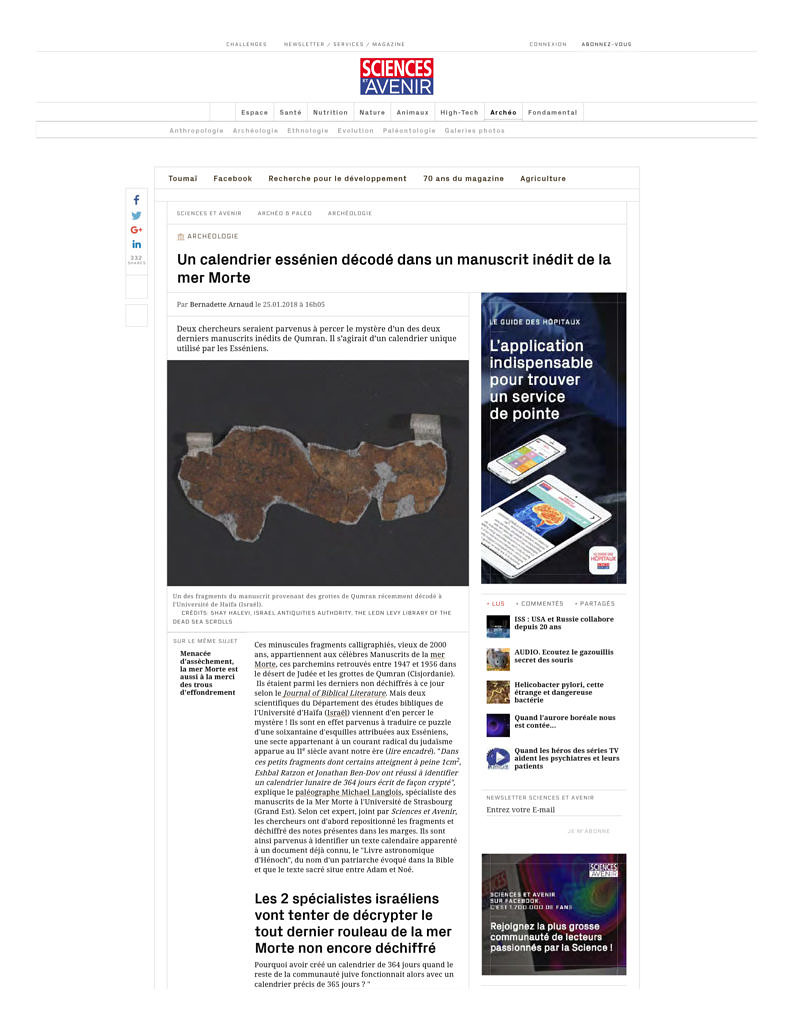 thumbnail of 20180125 Sciences et avenir — Un calendrier essénien décodé dans un manuscrit inédit de la mer Morte s