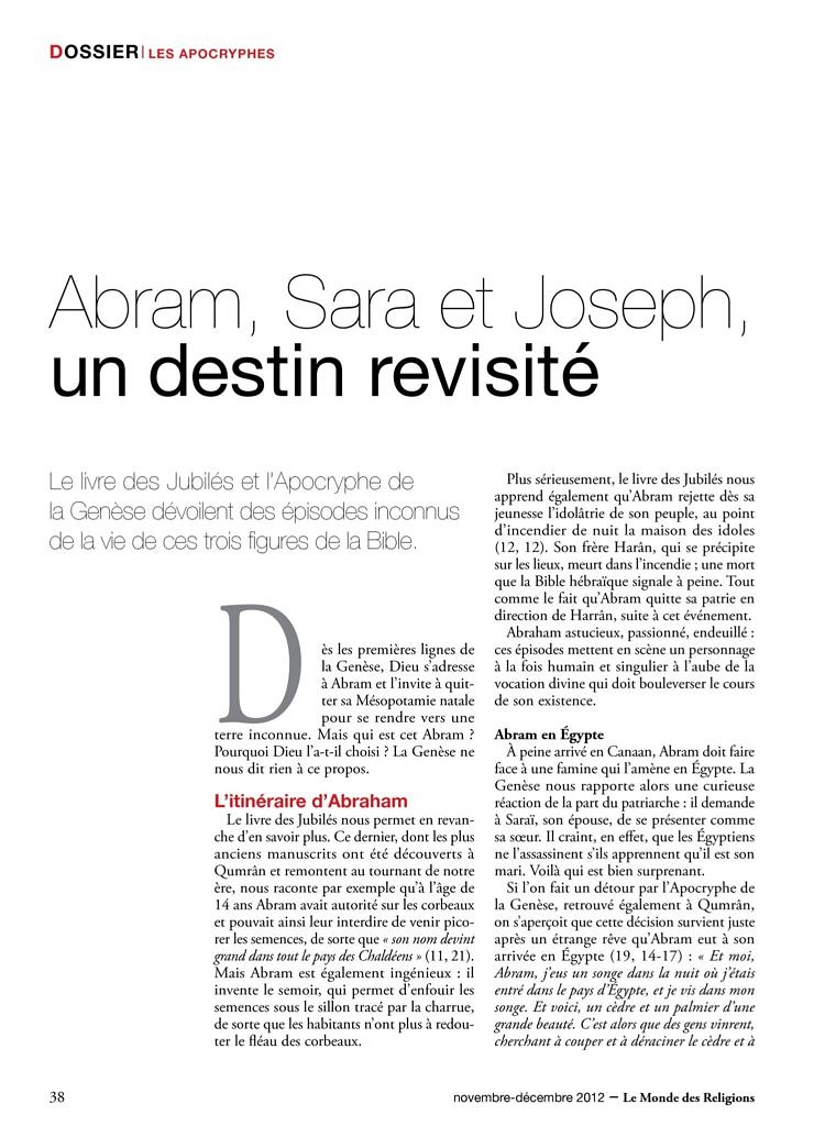 thumbnail of Michael Langlois, « Abram, Sara et Joseph, un destin revisité », Le Monde des Religions 56, nov-déc 2012, p. 38-39