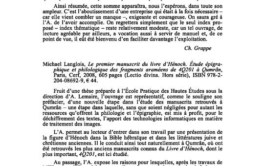 thumbnail of grappe-2009-cr-langlois-2008-le-premier-manuscrit-du-livre-dhenoch-in-rhpr-89-3-p374-375